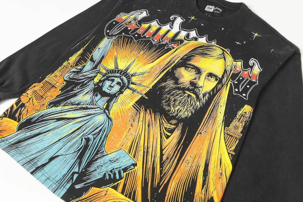 Godspeed Out of Many One Washed Black Long-Sleeve Graphic T-Shirt — detail