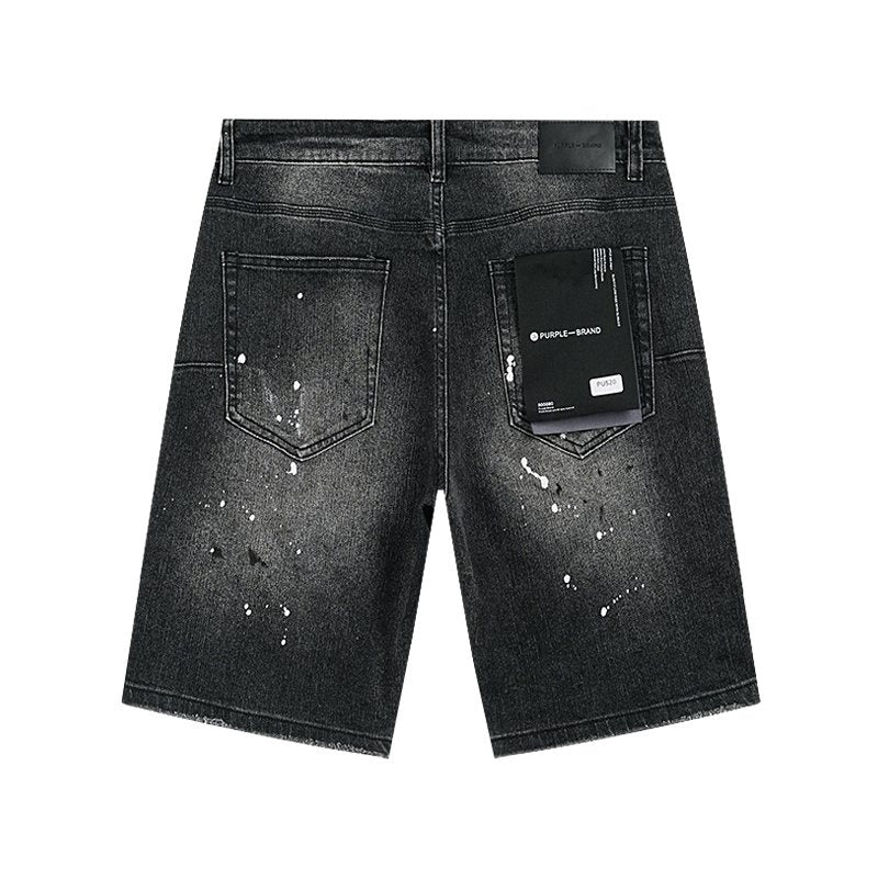 Purple Brand Distressed Paint-Splatter Denim Shorts — back