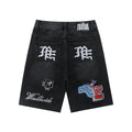 Black Gothic Patch Denim Shorts — hero