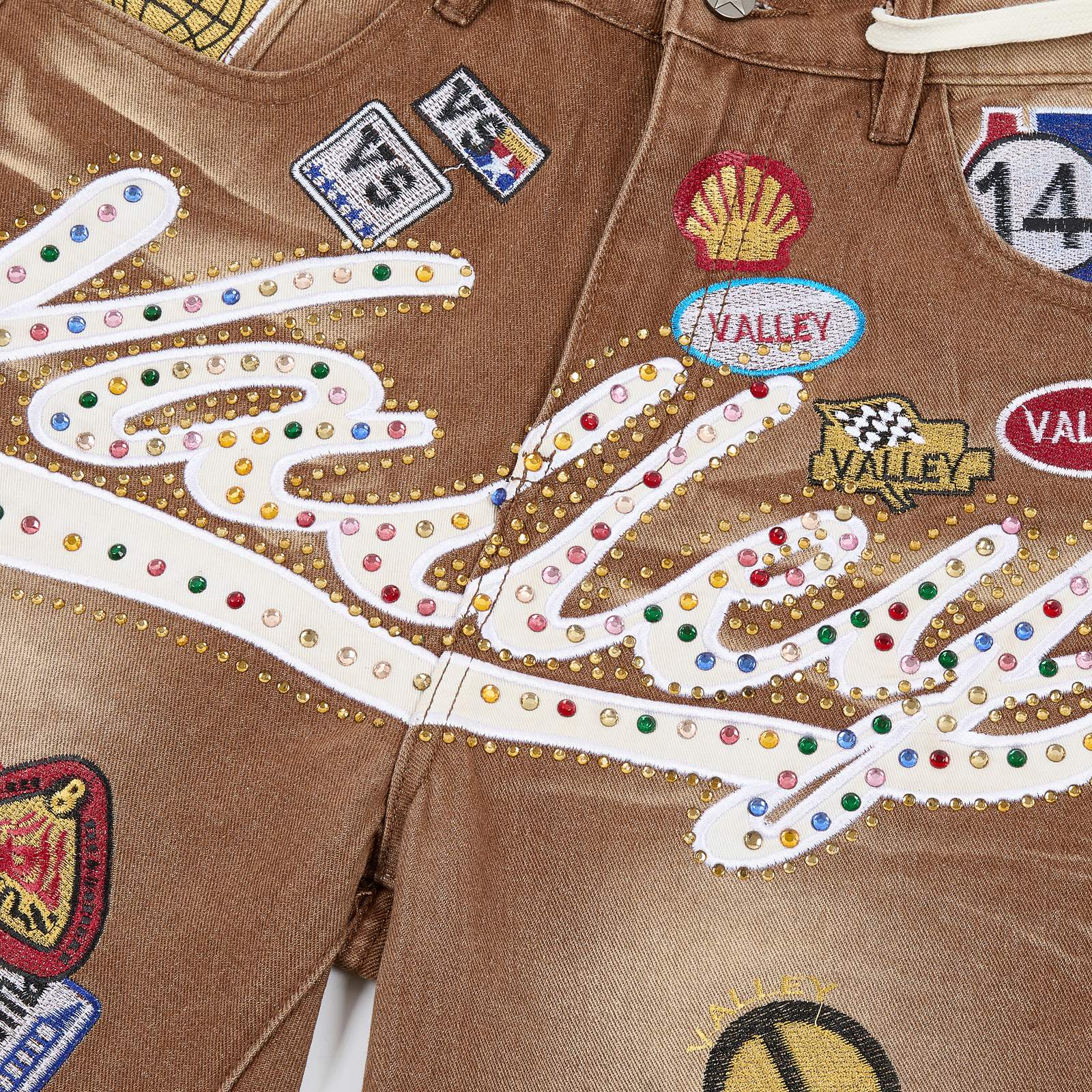 VALE 1980s Patch Rhinestone Denim Shorts — detail
