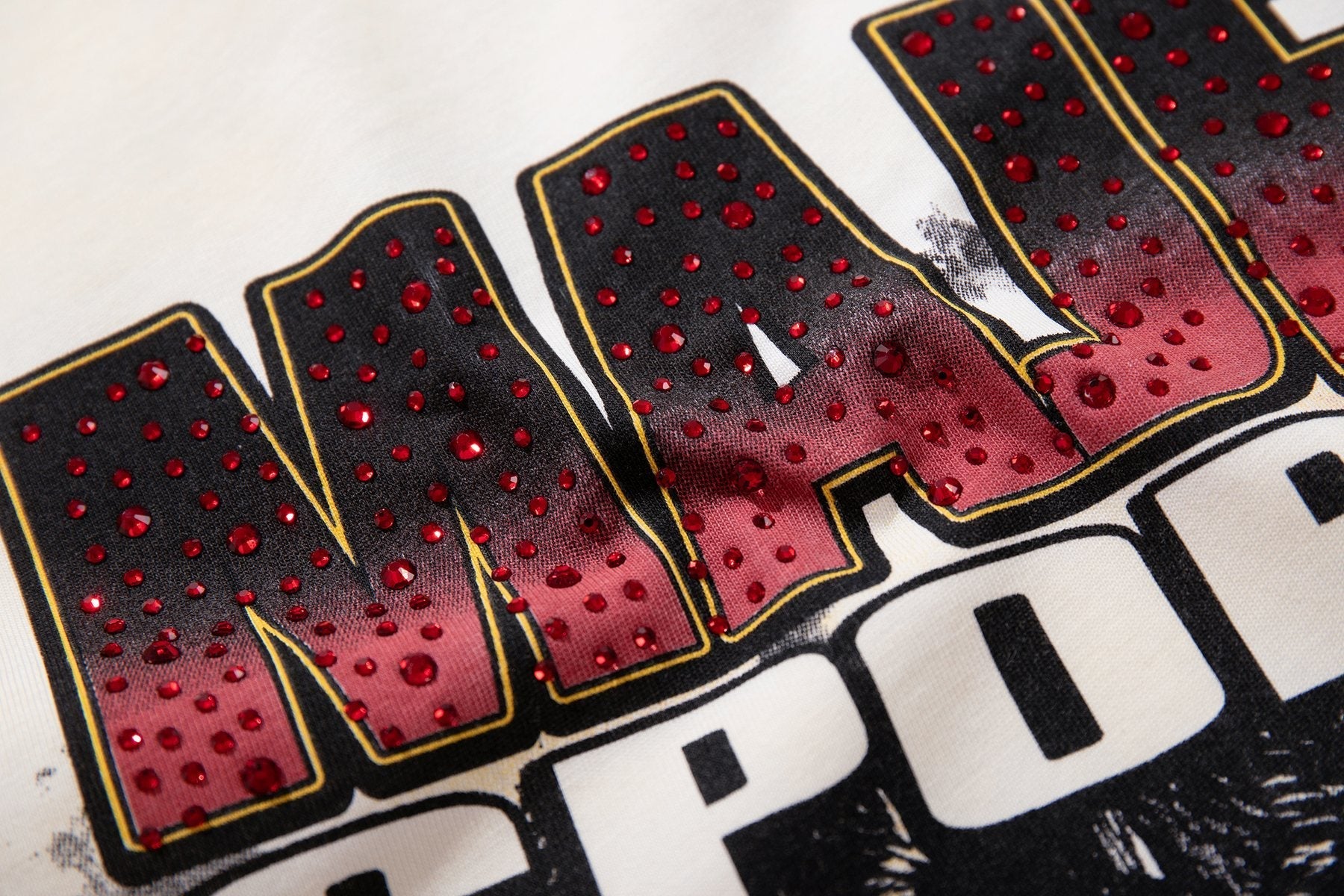 MAJESTIK Cream Distressed Rhinestone Sleeveless T-Shirt — detail