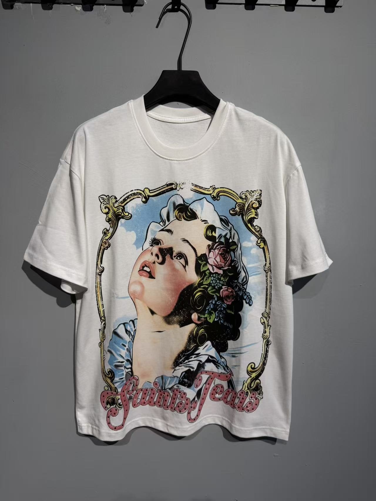 SAINT White Framed Woman Portrait Graphic T-Shirt — front