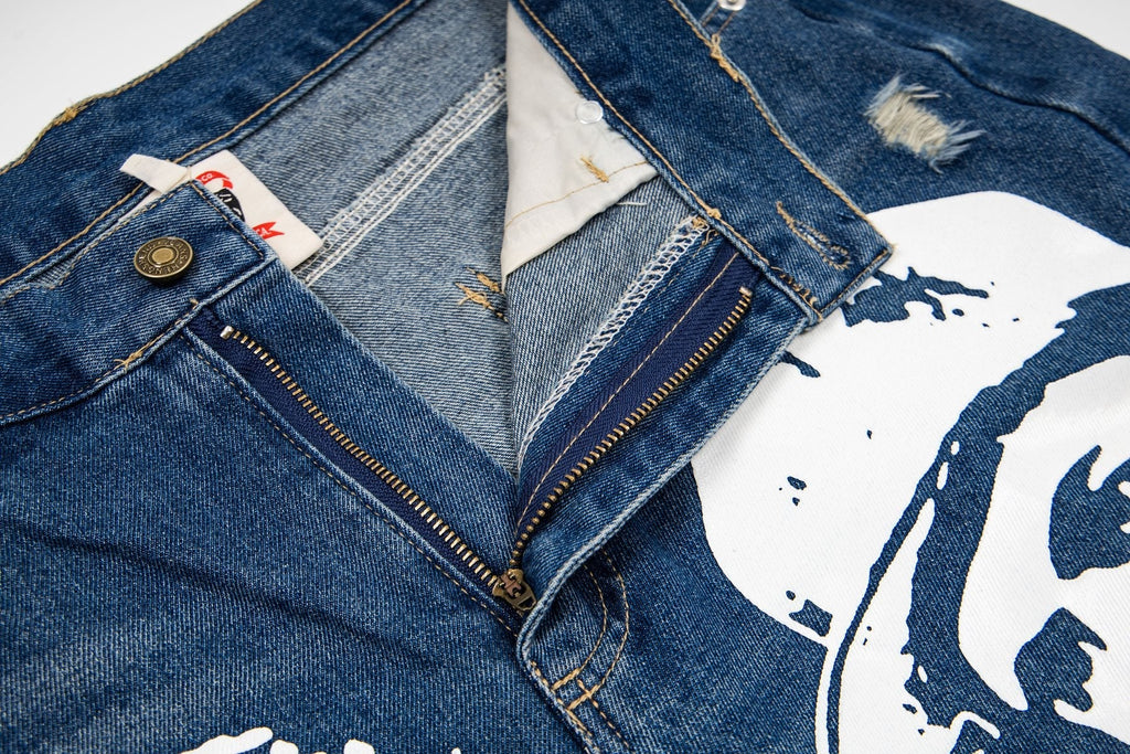 ASAALL Portrait Graphic Washed Denim Shorts — detail