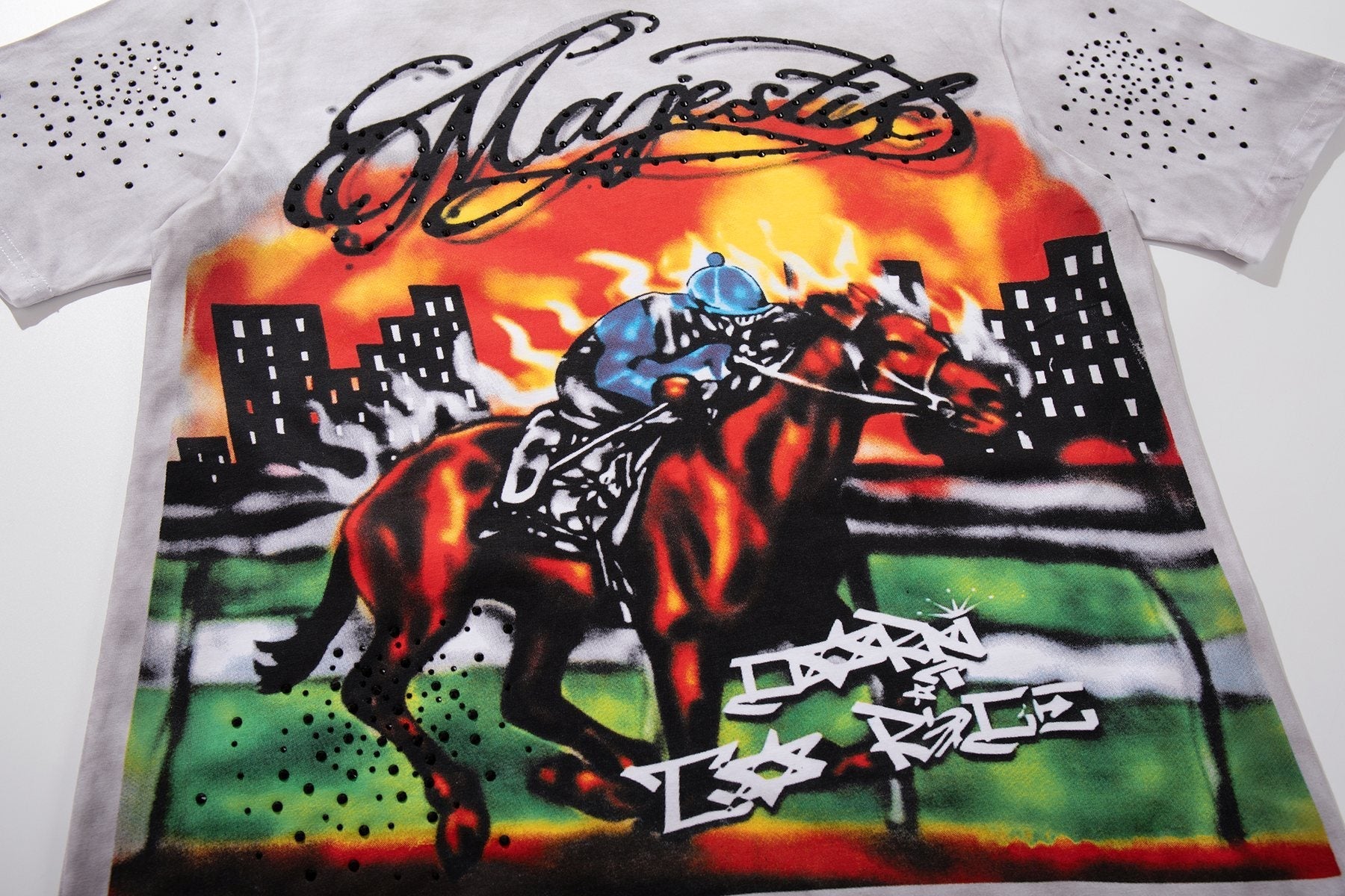 MAJESTIK Horse Racing Graffiti Graphic T-Shirt — detail