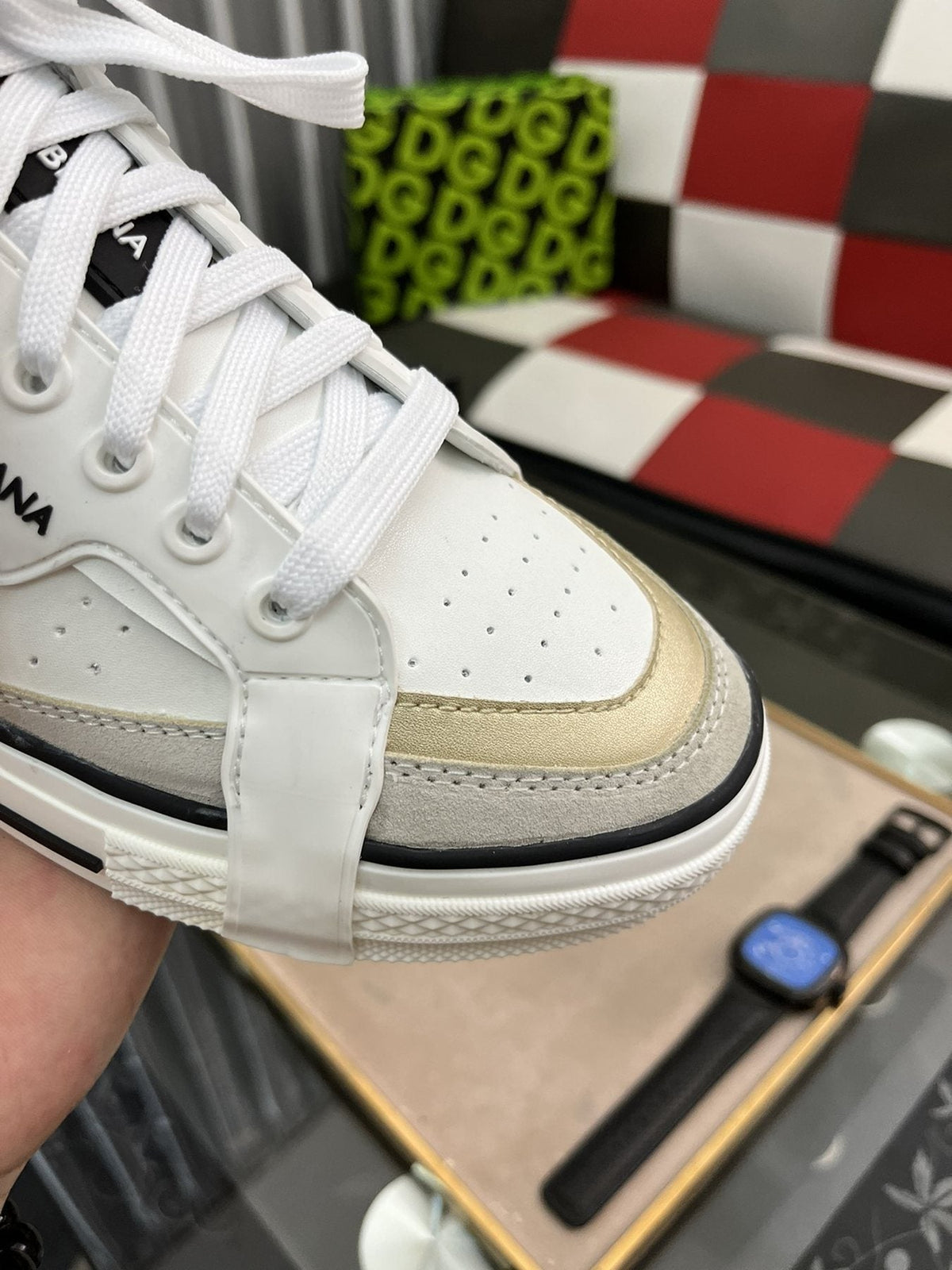 Dolce & Gabbana White, Cream & Black Lace-Up Sneakers — detail