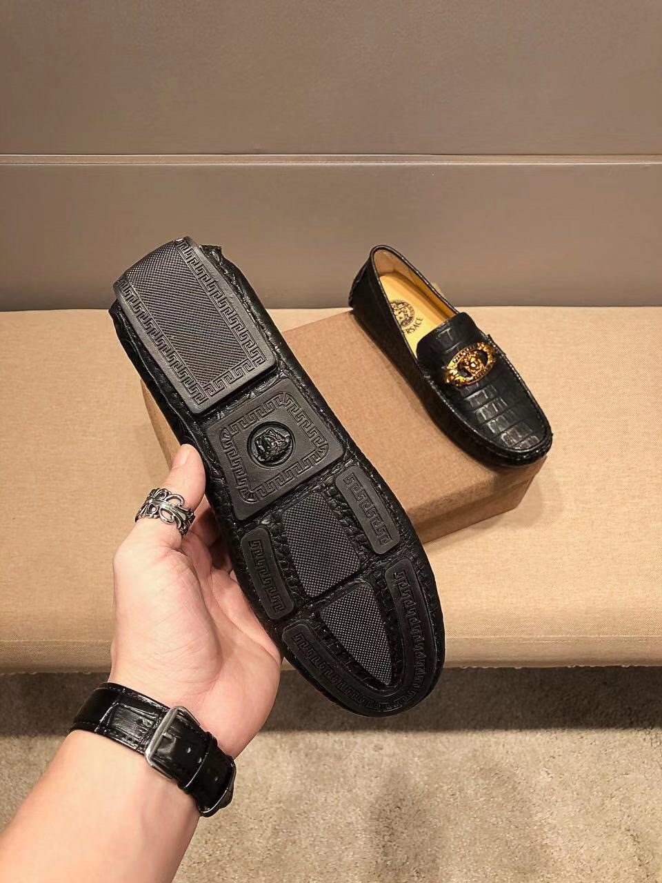 Versace Black Textured Loafers — model