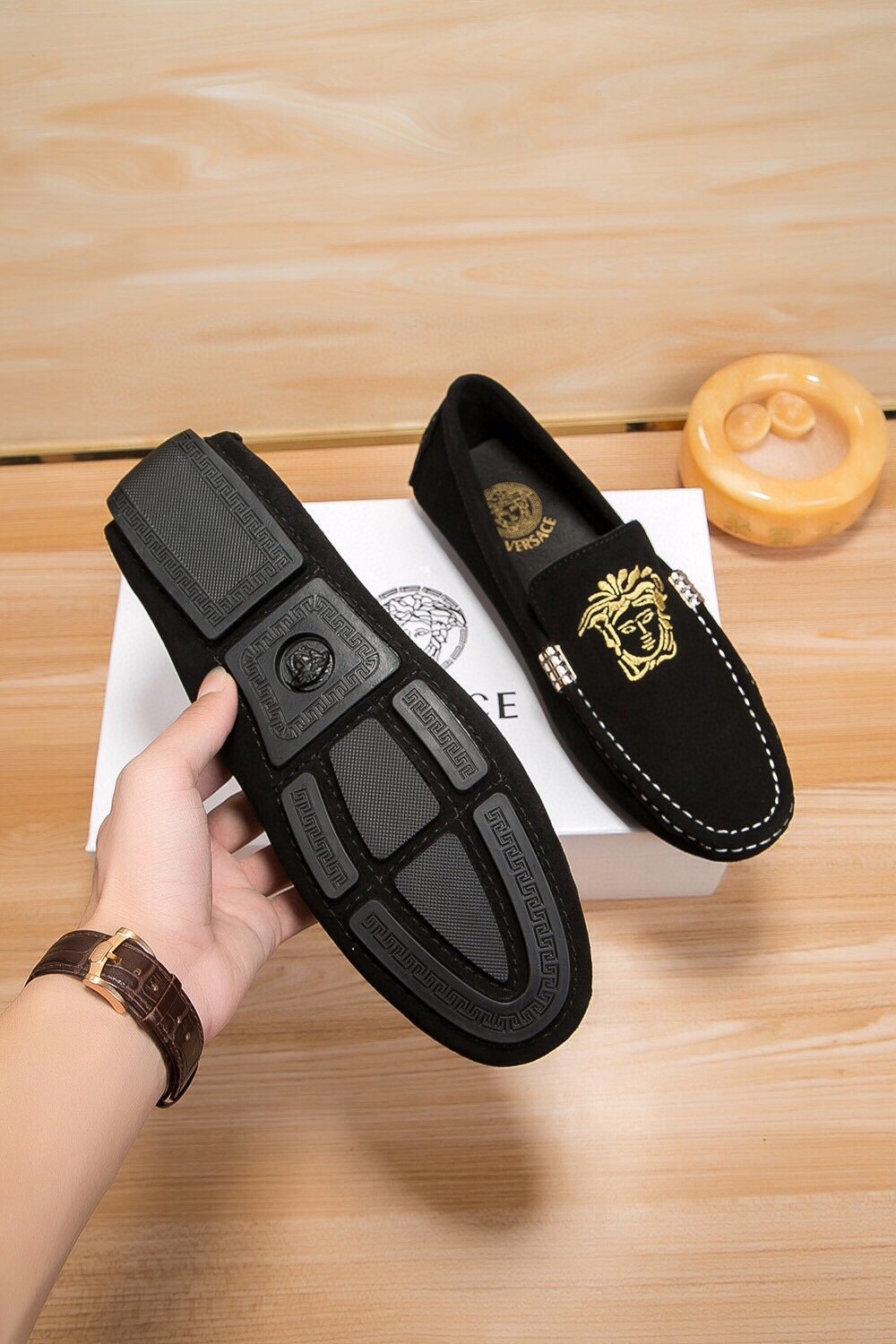 Versace Men's Gold-Embroidered Loafers — back