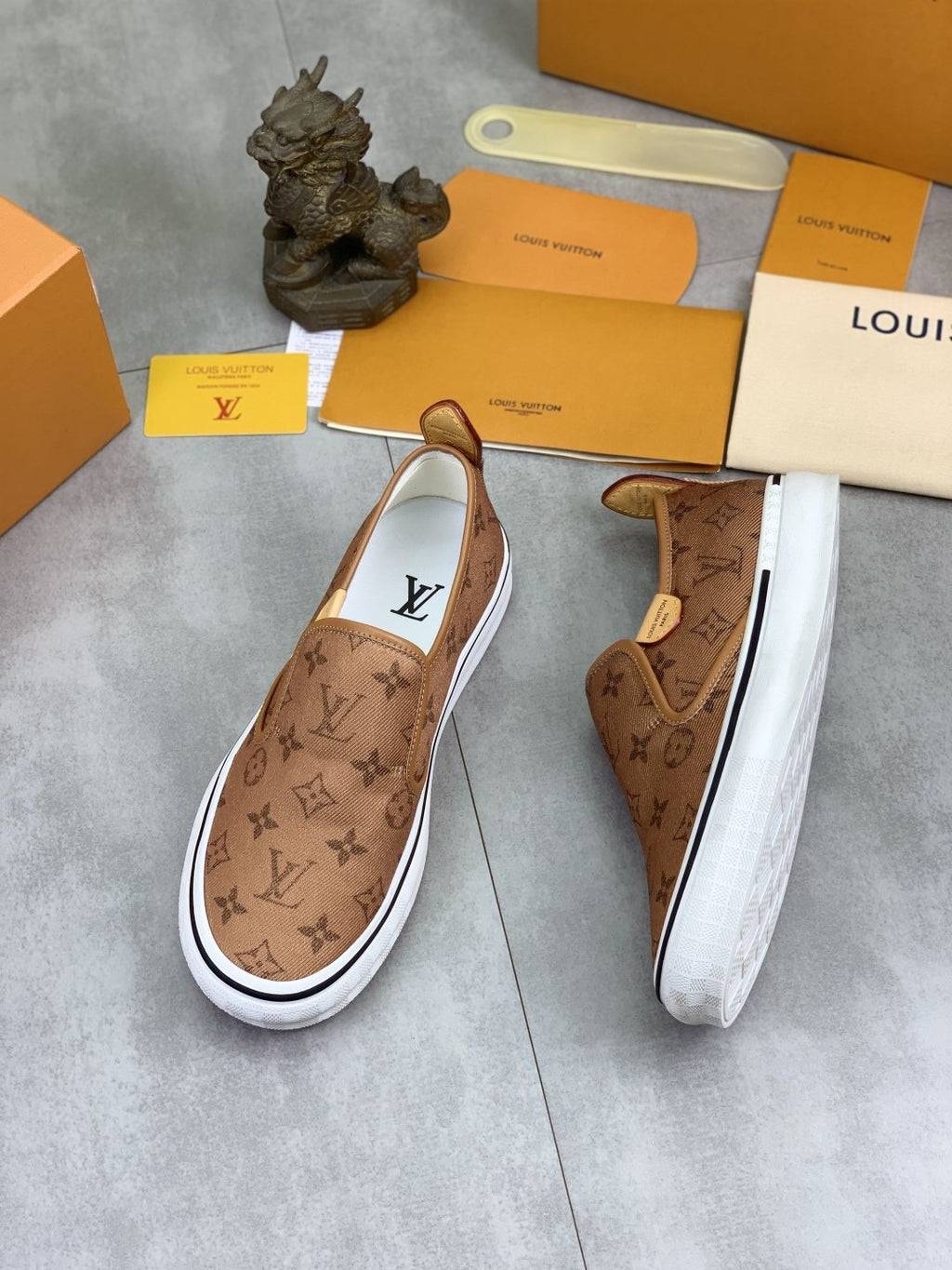 Louis Vuitton Tan Monogram Slip-On Shoes — side