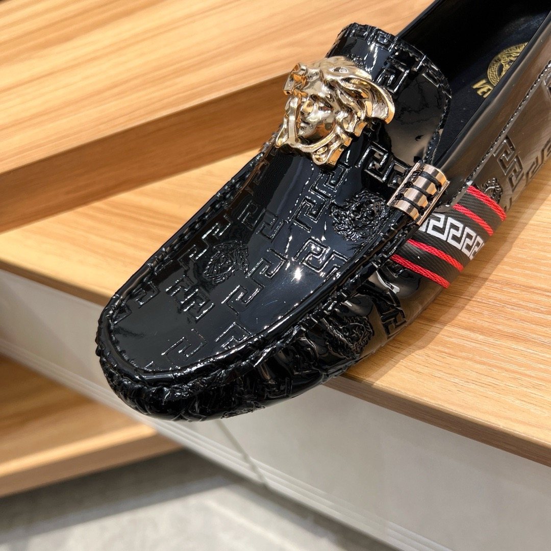 Versace Black Patterned Loafers with Gold-Tone Ornament — detail
