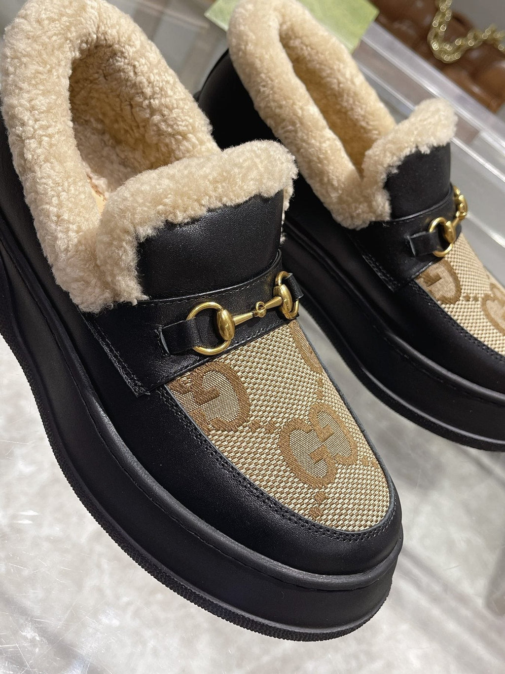 Gucci Patterned Plush-Trim Slip-On Snow Boots — detail
