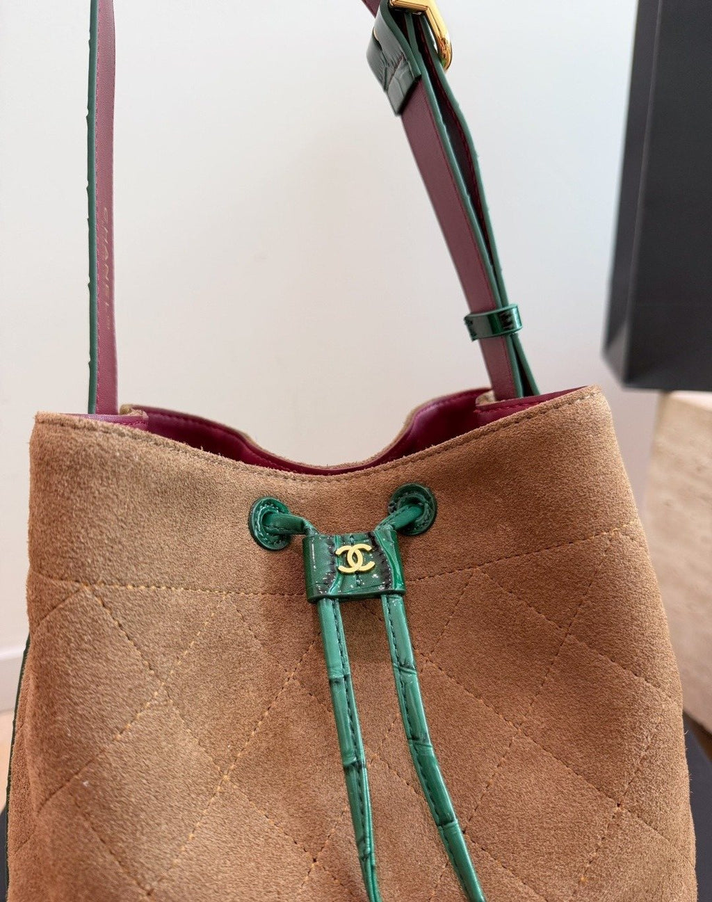 Chanel Contrast-Trim Drawstring Bucket Bag — detail