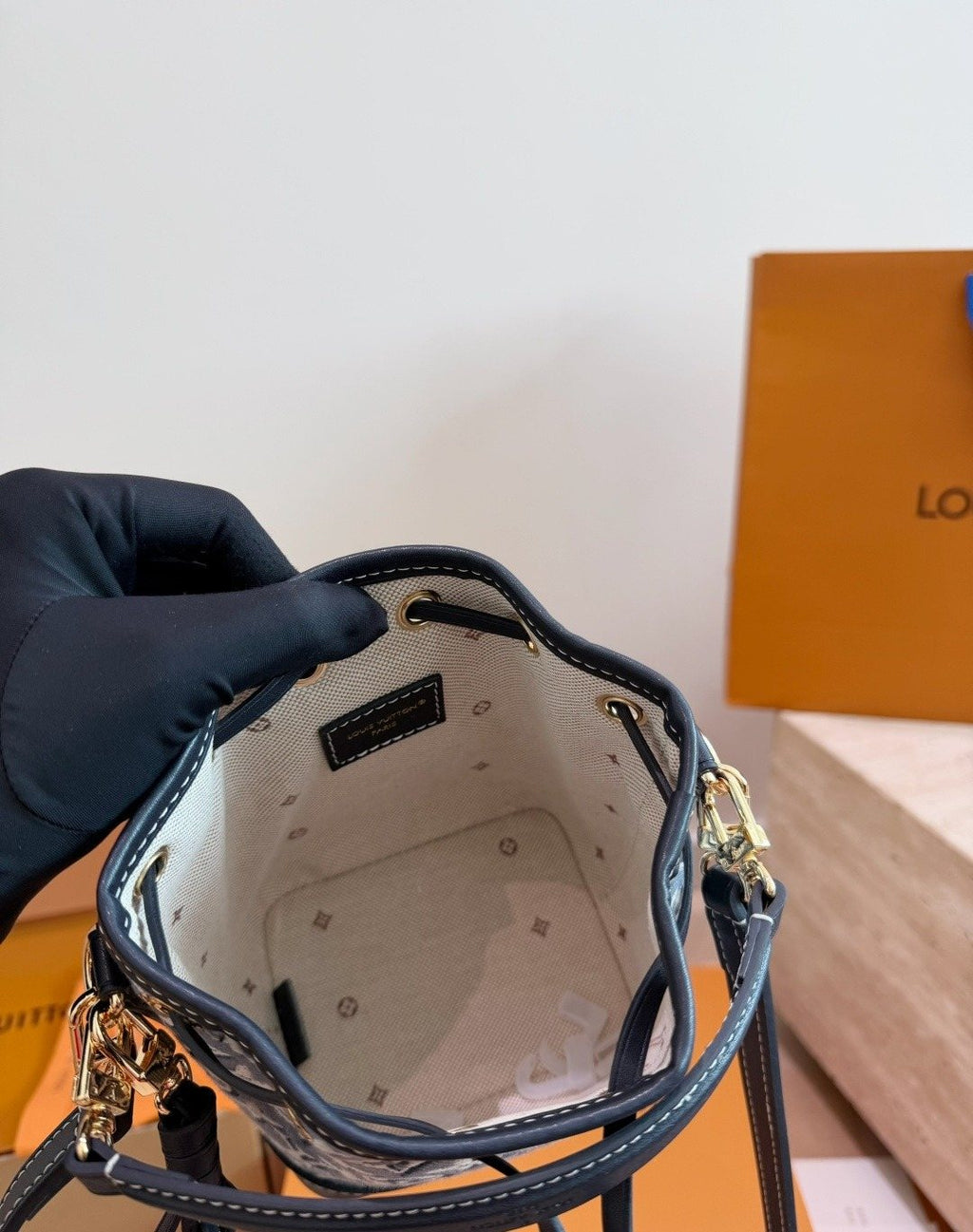 Louis Vuitton Nano Noe Blue-Gray Monogram Bucket Bag — detail