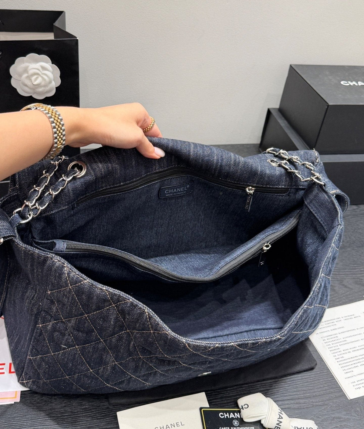 Chanel Quilted Denim Flap Shoulder Bag — detail