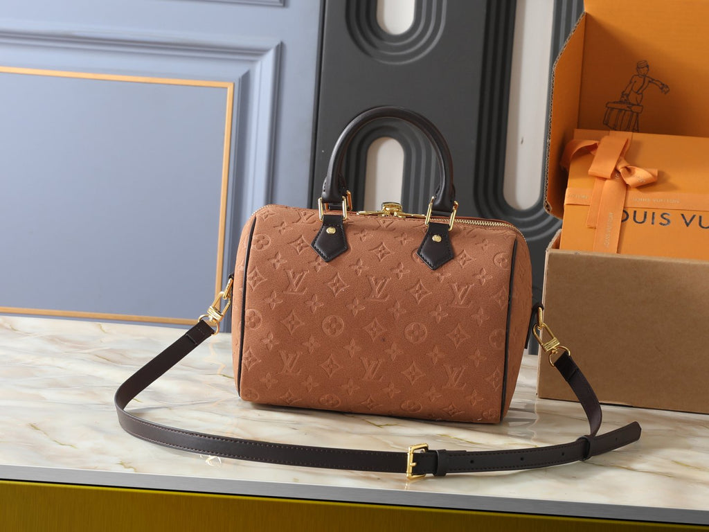 Louis Vuitton Speedy Bandoulière Embossed Suede Handbag — front