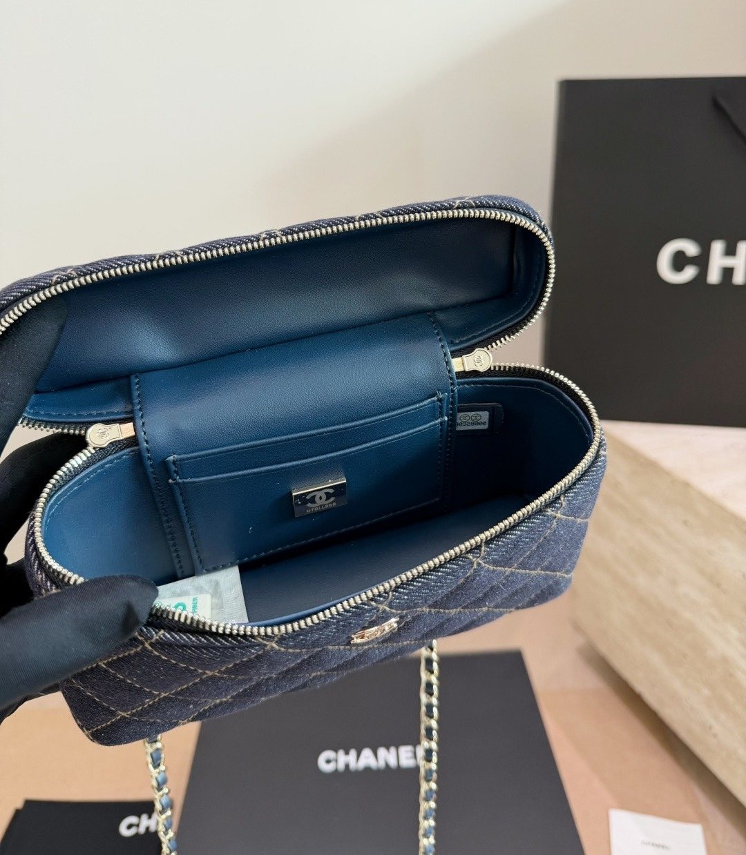 Chanel Diamond-Quilted Top Handle Vanity Bag — detail