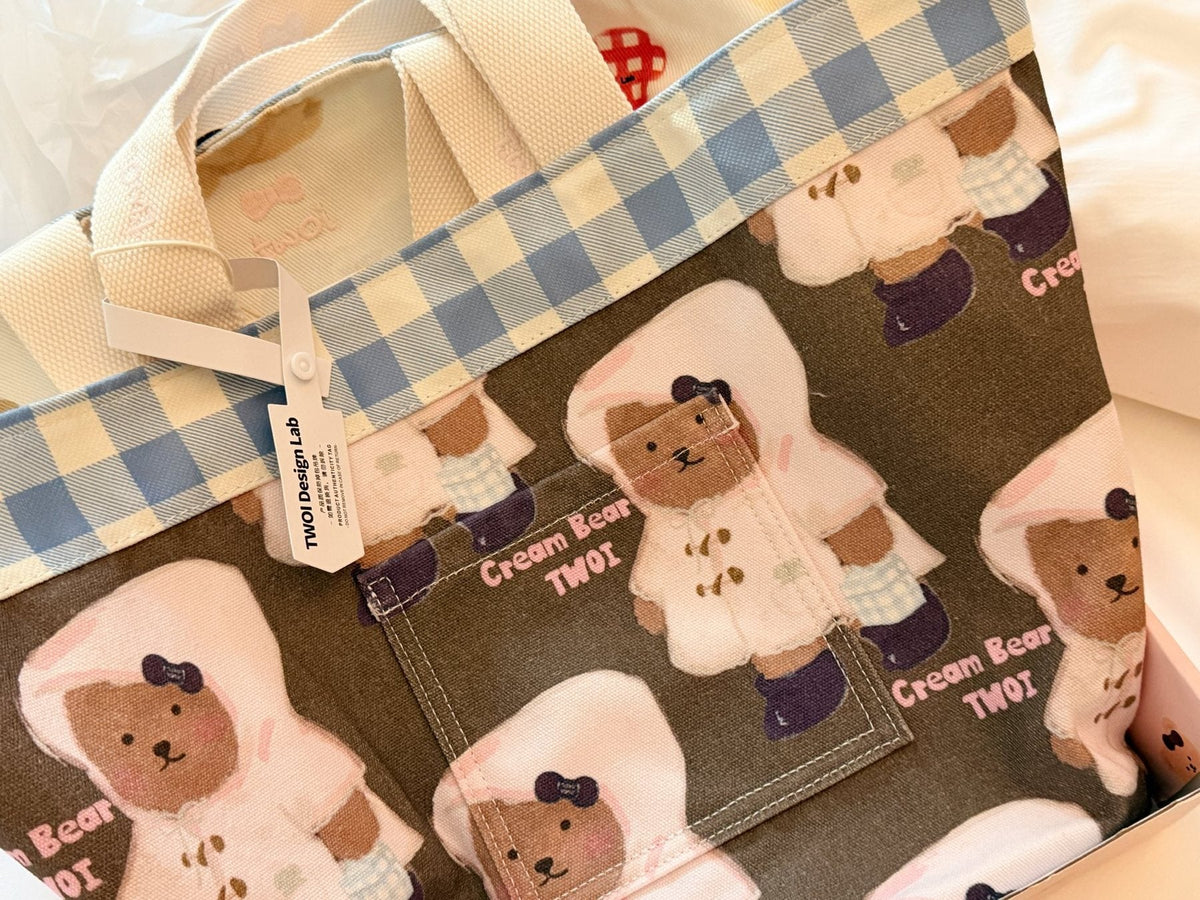 TWOI Bear-Print Checked-Trim Tote Bag — detail