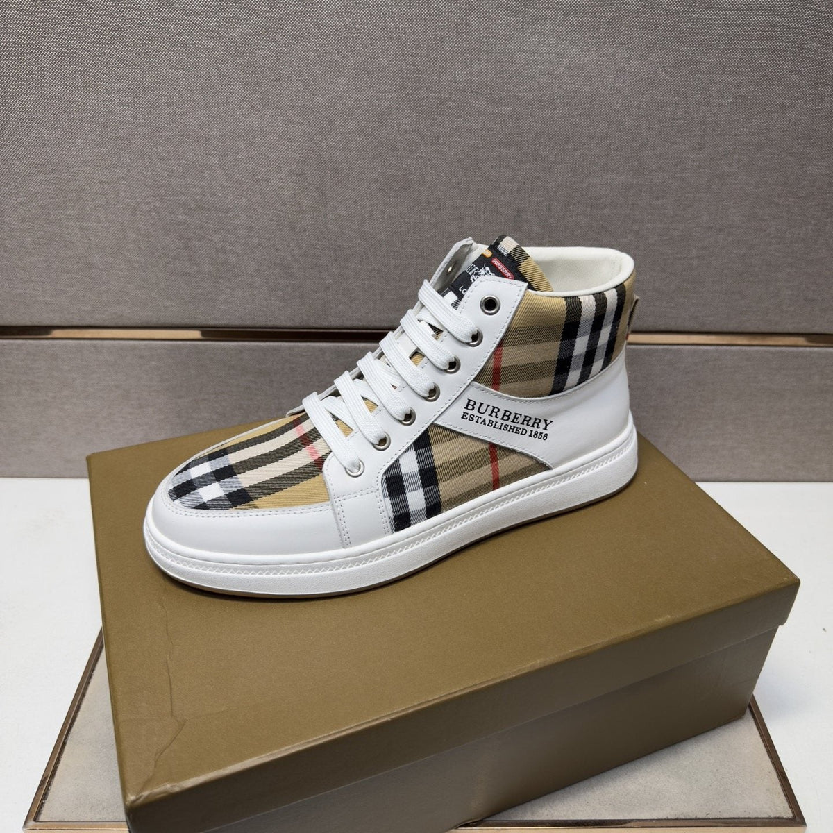 Burberry Men's Plaid High-Top Sneakers — side