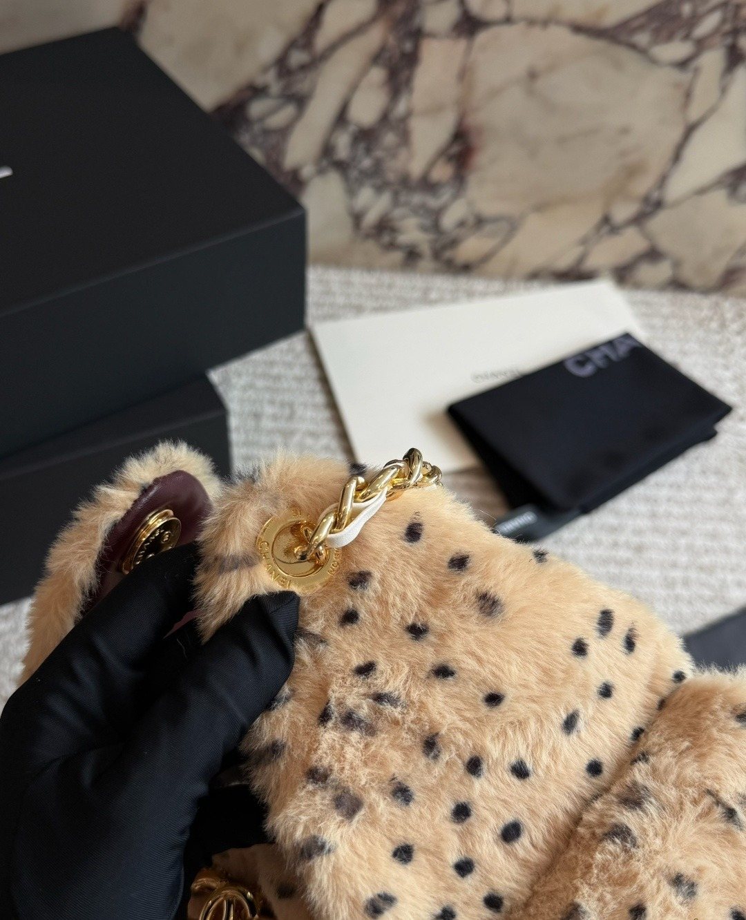 Chanel 25 Spotted Plush Bucket Bag — detail