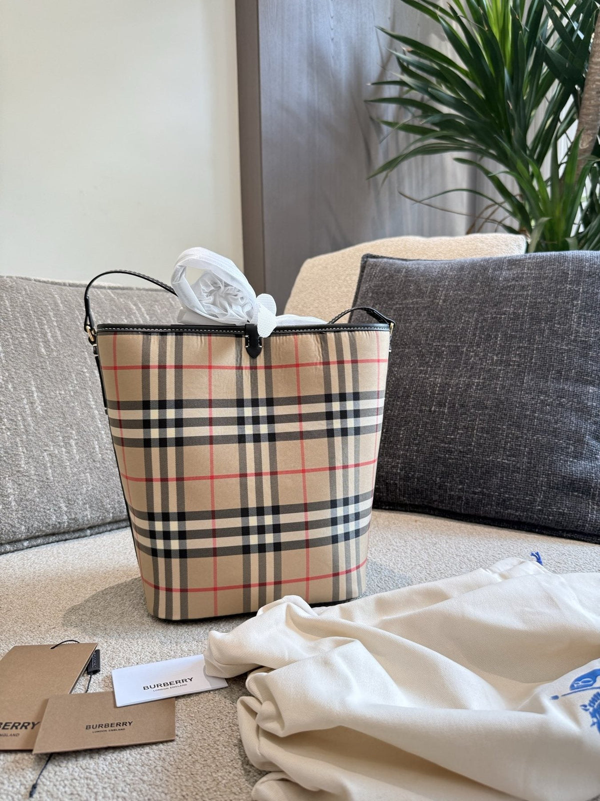 Burberry Beige Check Bucket Bag — front