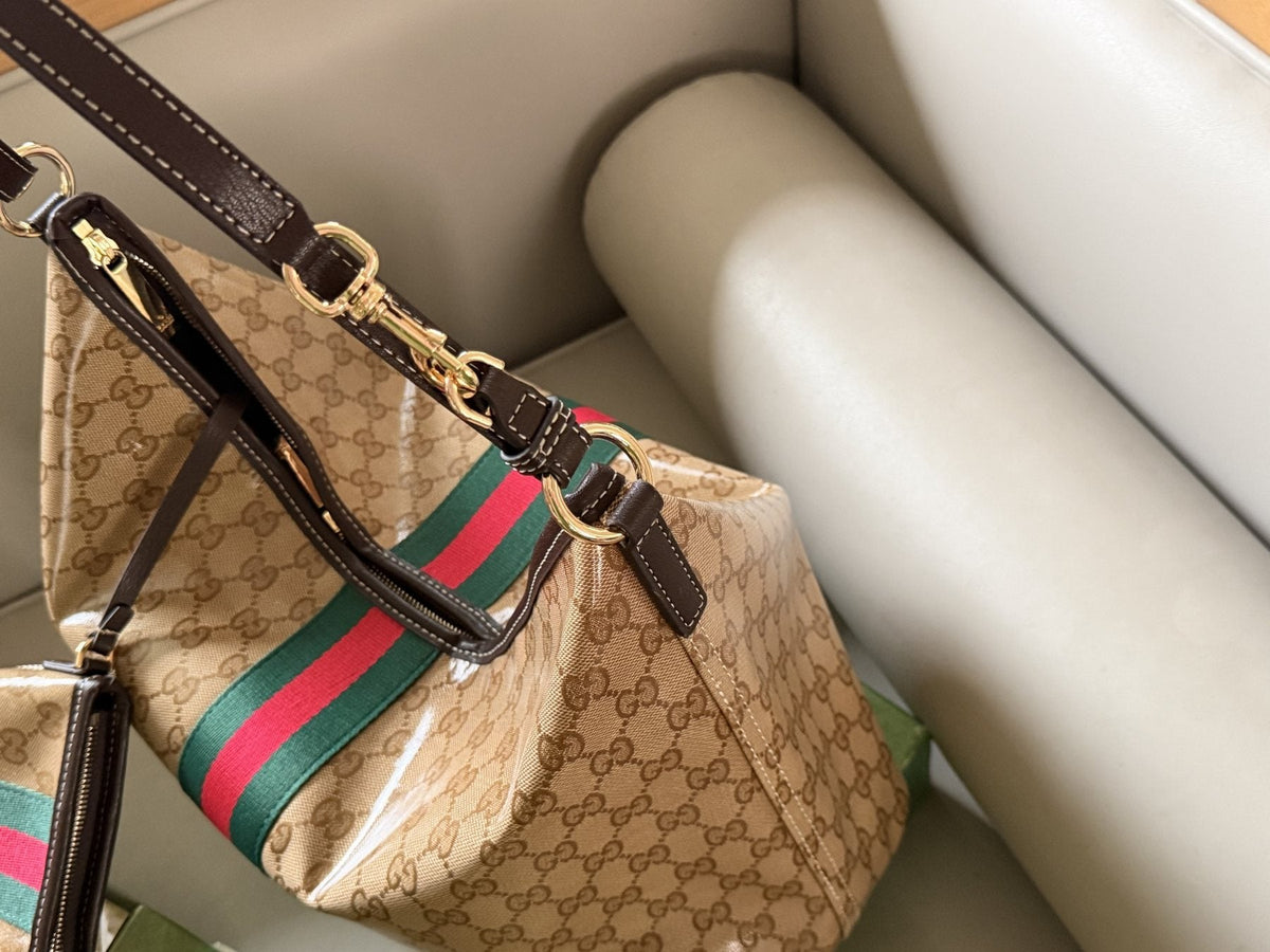Beige Monogram Tote with Red-Green Stripe and Pouch — detail