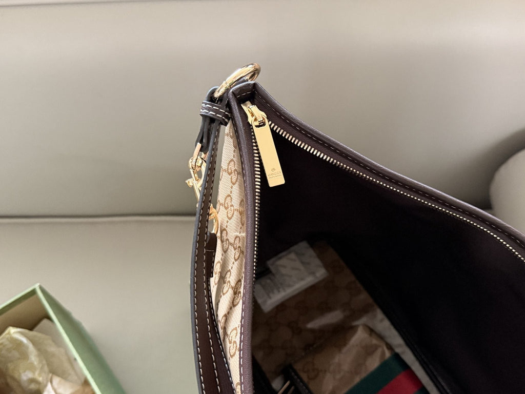 Beige Monogram Tote with Red-Green Stripe and Pouch — detail