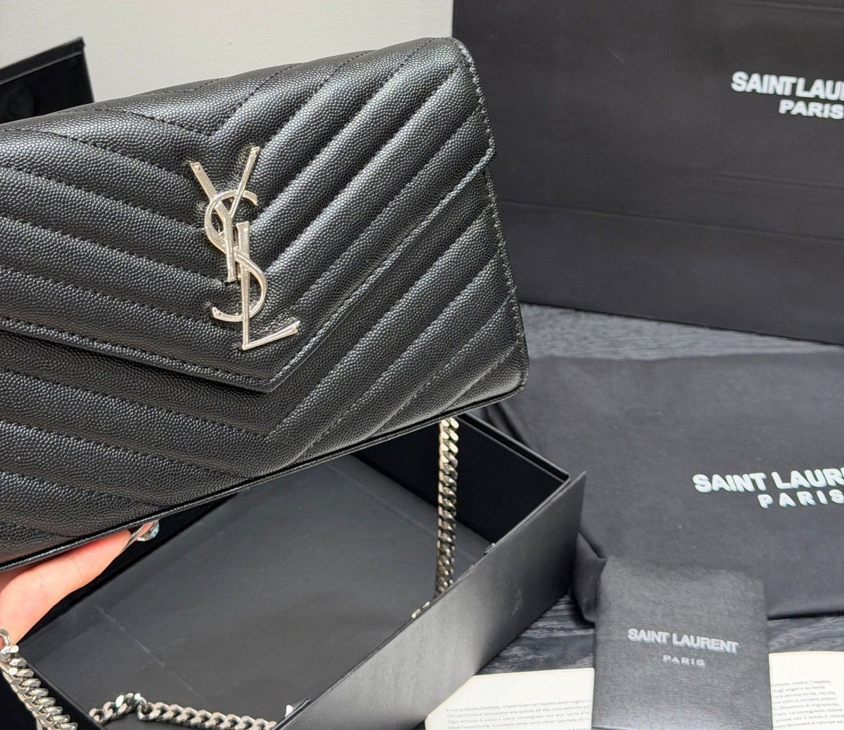 Saint Laurent Chevron-Quilted Envelope Wallet on Chain — detail
