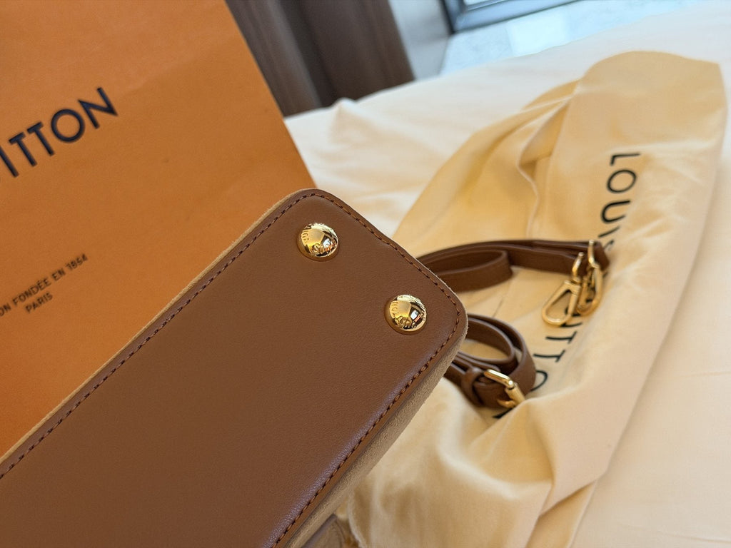 Louis Vuitton Capucines Suede-Textured Top-Handle Bag — detail