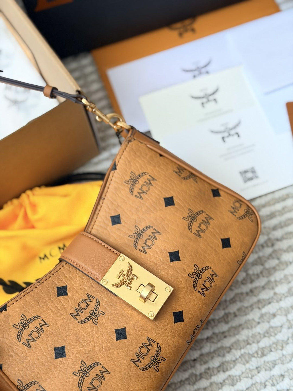 MCM Monogram Hobo Bag with Gold-Tone Clasp — detail
