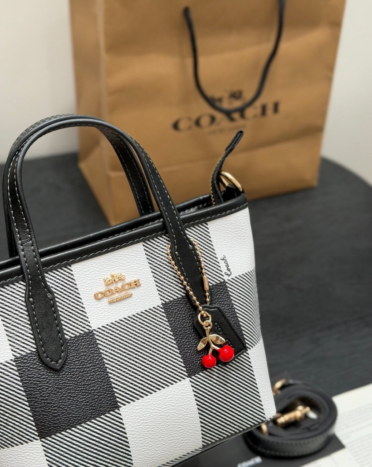 Coach City15 Check Tote with Cherry Charm — detail