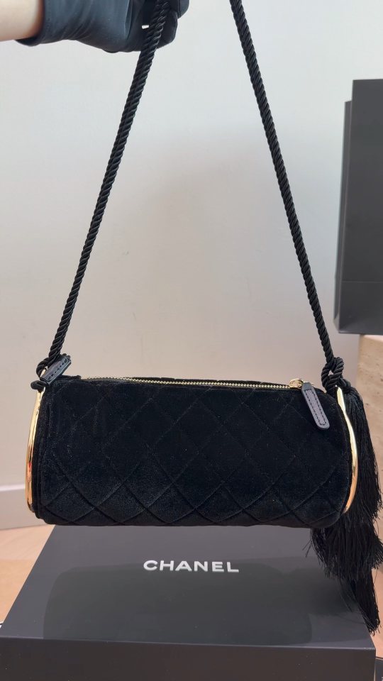 Chanel Quilted Velvet Barrel Shoulder Bag — back