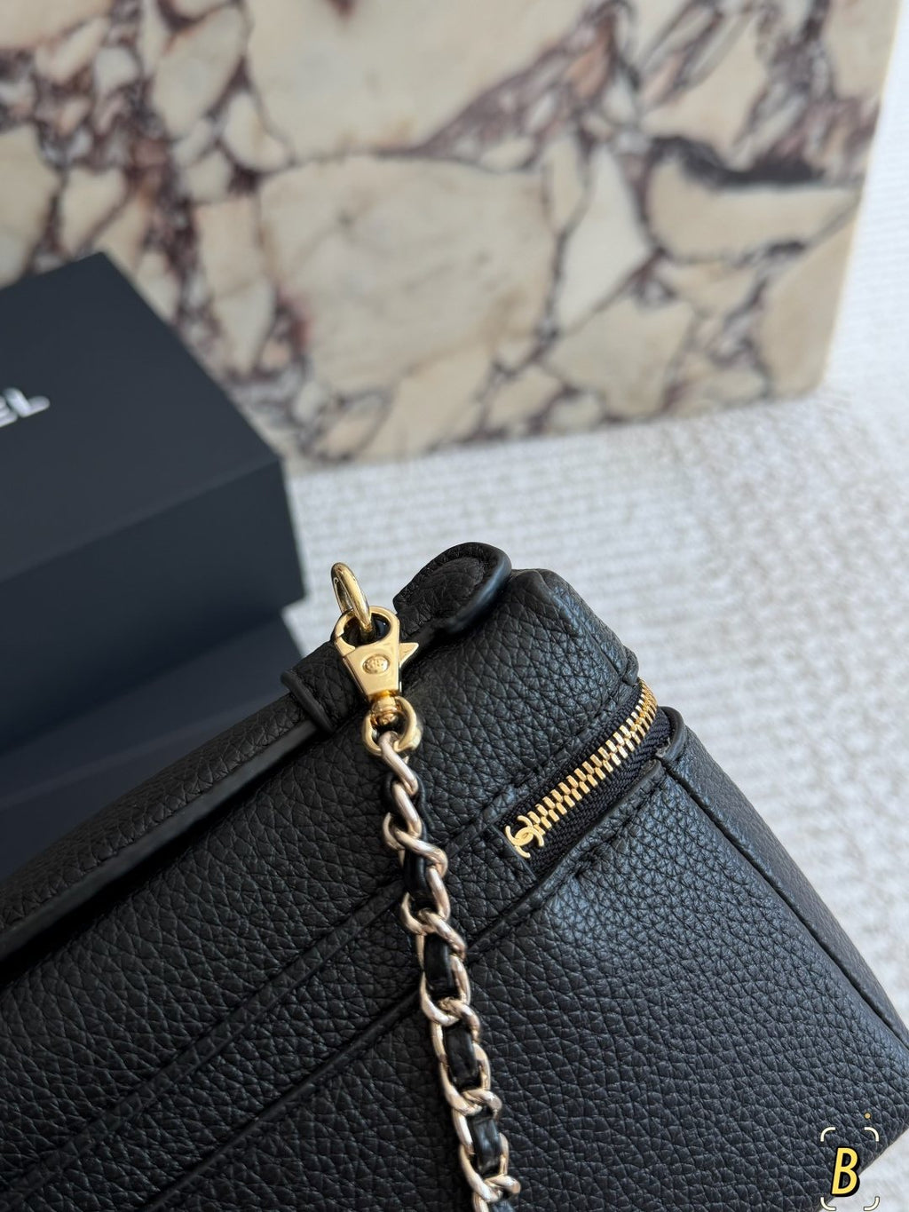 Chanel Pebbled Zip-Top Chain Handbag — detail