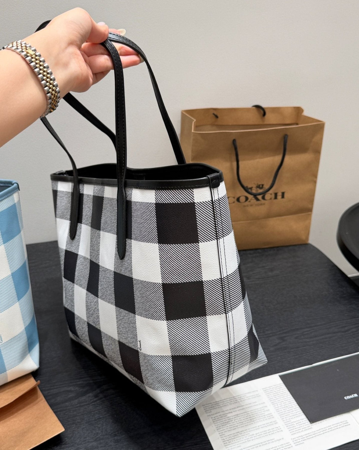 Coach City33 Checked Tote with Cherry Charm — side