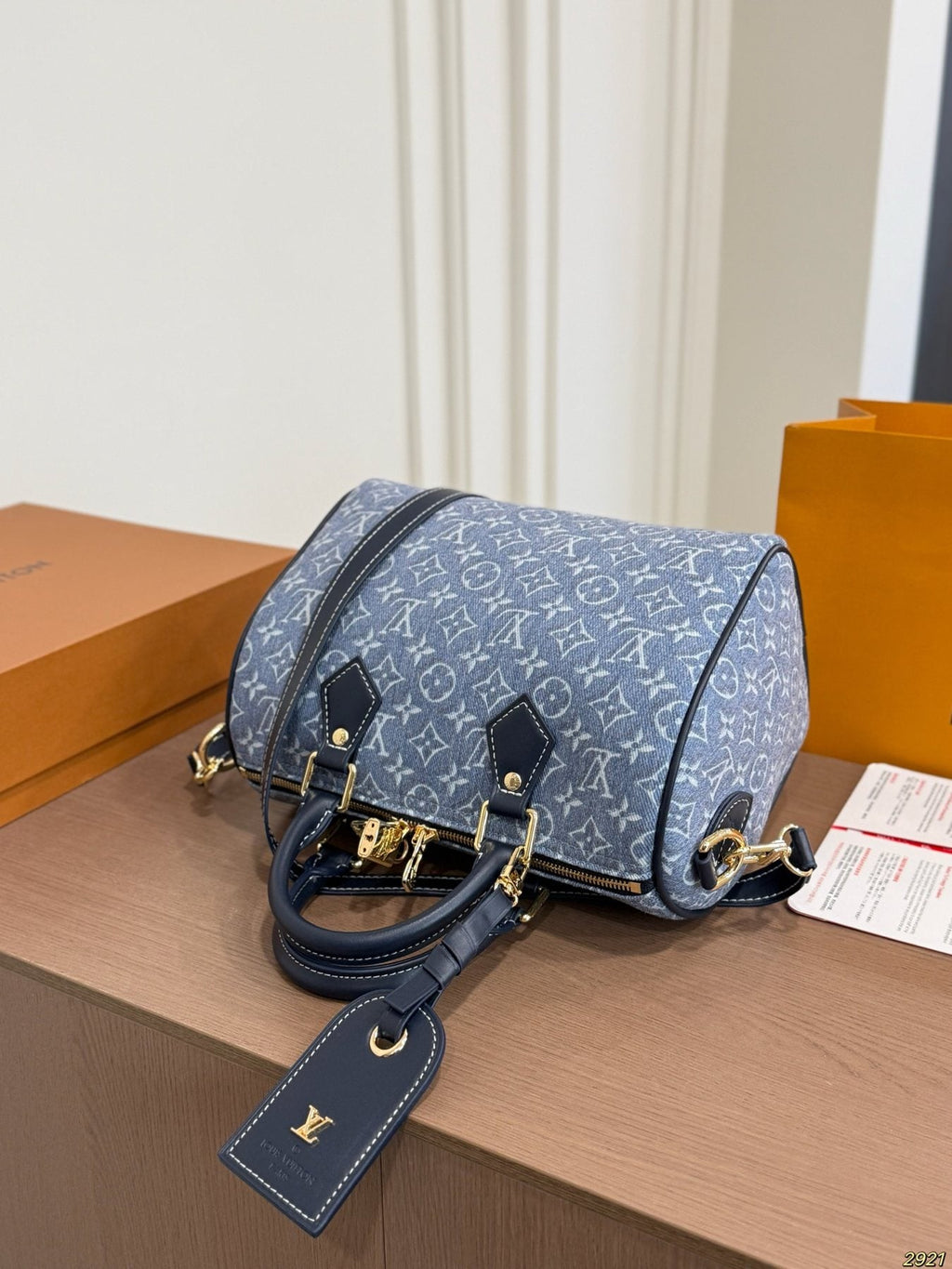 Louis Vuitton Speedy Blue-Gray Monogram Satchel — side