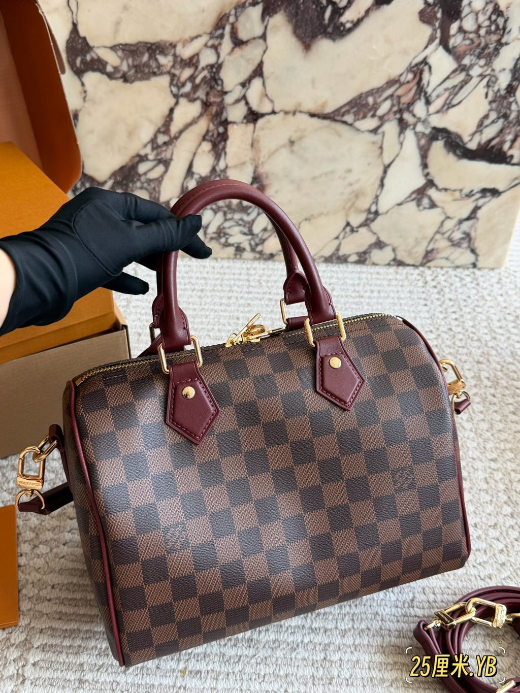Louis Vuitton Speedy Checkerboard Bag with Burgundy Trim — back