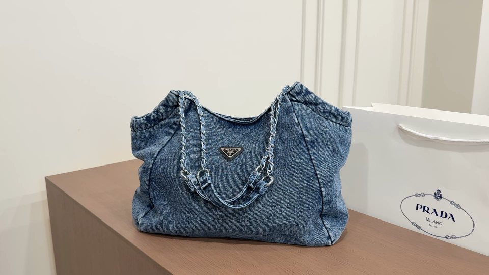 Prada Washed Denim Chain-Handle Tote — hero