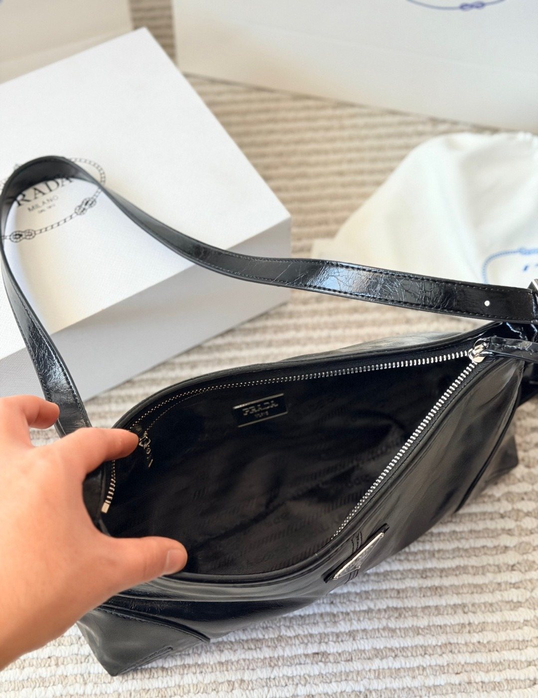 Prada Glossy Crescent Shoulder Bag — detail