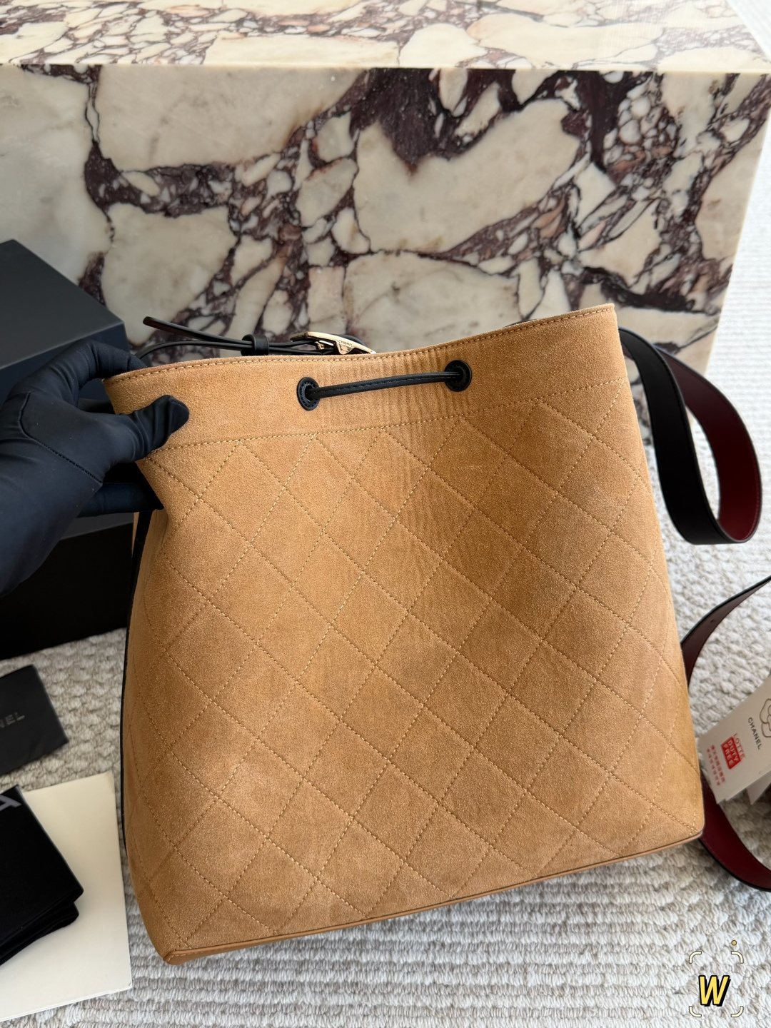 Chanel Diamond-Pattern Drawstring Bucket Bag — back