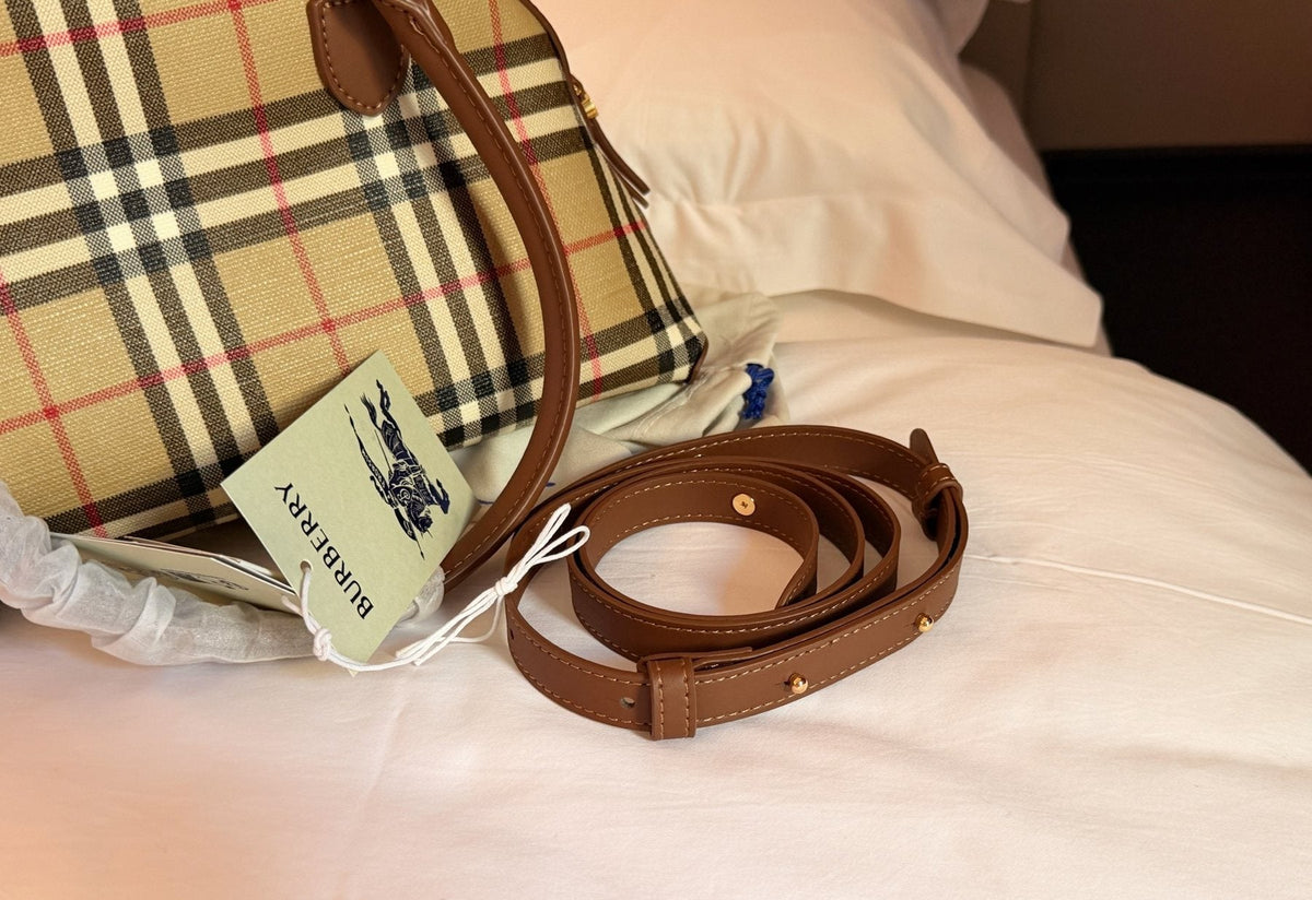 Beige Check Domed Top-Handle Bag with Brown Trim — detail