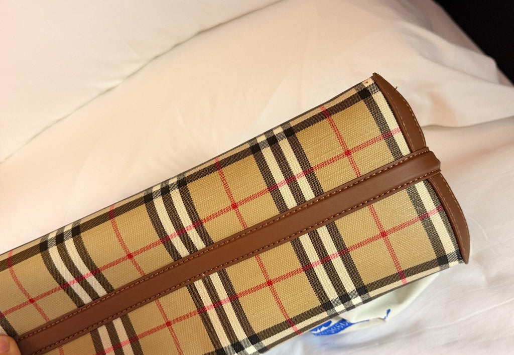 Beige Check Domed Top-Handle Bag with Brown Trim — detail