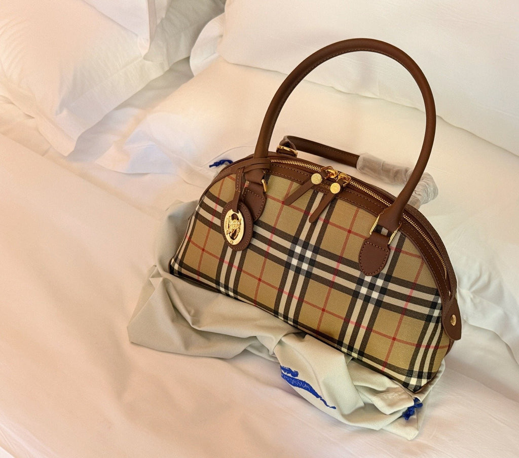 Beige Check Domed Top-Handle Bag with Brown Trim — hero