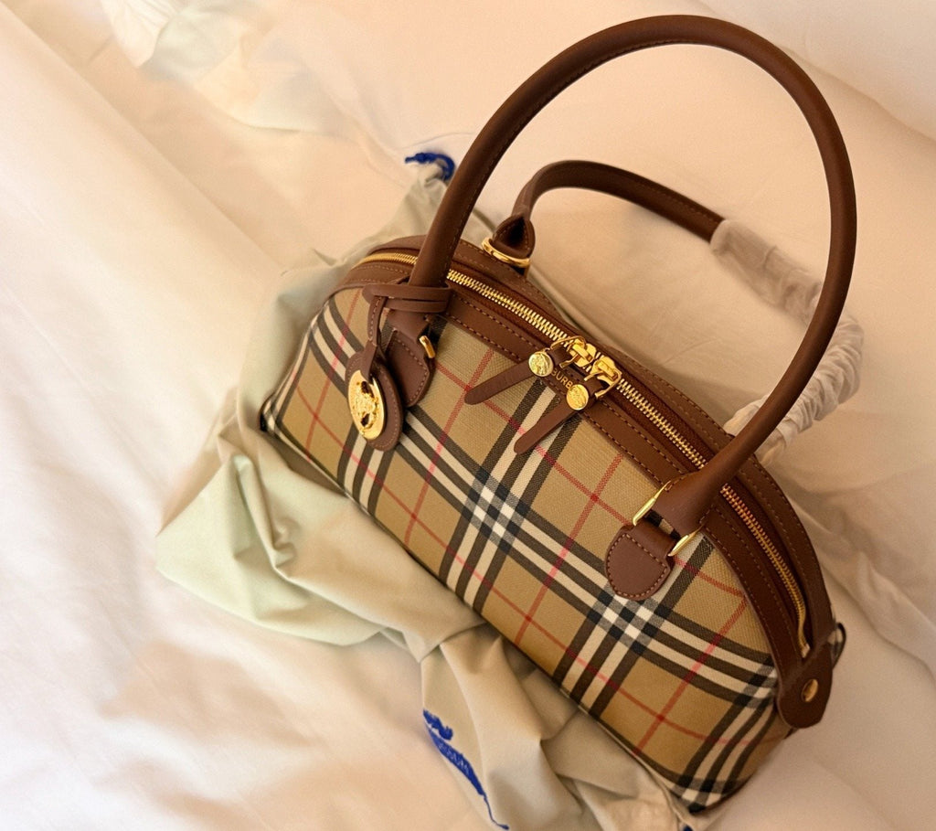 Beige Check Domed Top-Handle Bag with Brown Trim — side